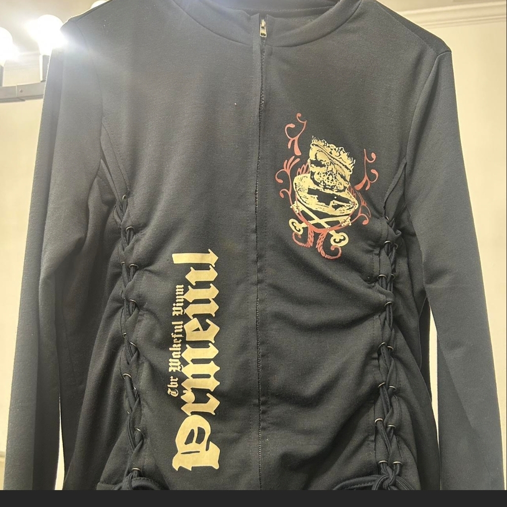 Black Lace-Up Zip Jacket with Gold Gothic Primevil Print. M